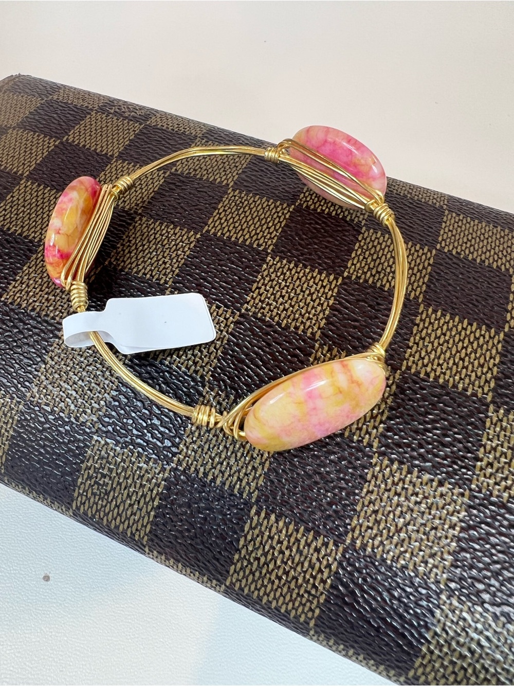 Handmade Artisan wire-wrapped gold plated 3 oval stone bohemian bangle bracelet